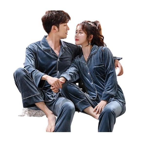 Winter Velvet Long Sleeved Shirt Pajama Set For Couples Fornt open Shirt With Trouser Sleepwear
