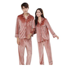 Winter Velvet Long Sleeved Shirt Pajama Set For Couples Fornt open Shirt With Trouser Sleepwear