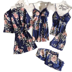 Women Lace Silk Print Set Sleepwear 5Pcs Set for Women | Half sleeve belt nightwear lingerie suits