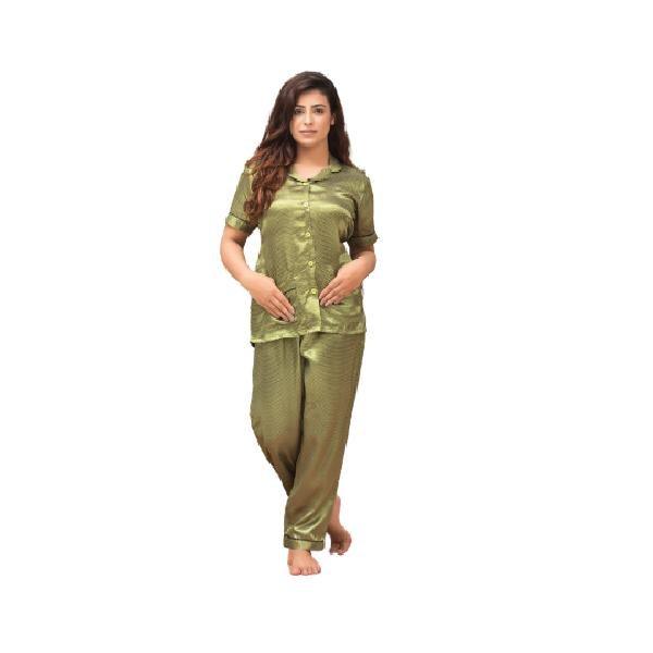Women Nightwear Pajama Shirt Set Plain Silk Night Suit For Women