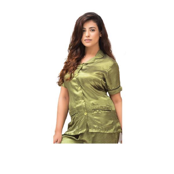 Women Nightwear Pajama Shirt Set Plain Silk Night Suit For Women