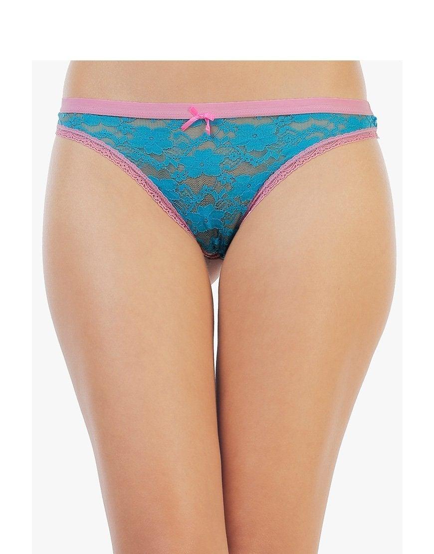Women Sexy Floral Lace Panties Ultra Soft Lace Teal And Pink Thong (Pack of 3) V String Thongs