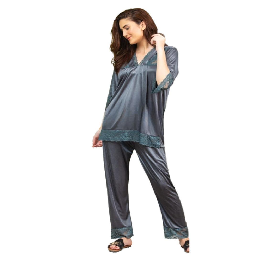 Women Silk Nightwear Ladies Homewear Gray Color Woman Silk Night Shirt Pajama Set Ladies Nightdress