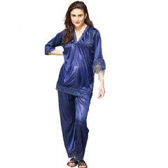 Women Silk Nightwear Nightdress Woman Silk Night Shirt Pajama Set Ladies Loungewear Blue